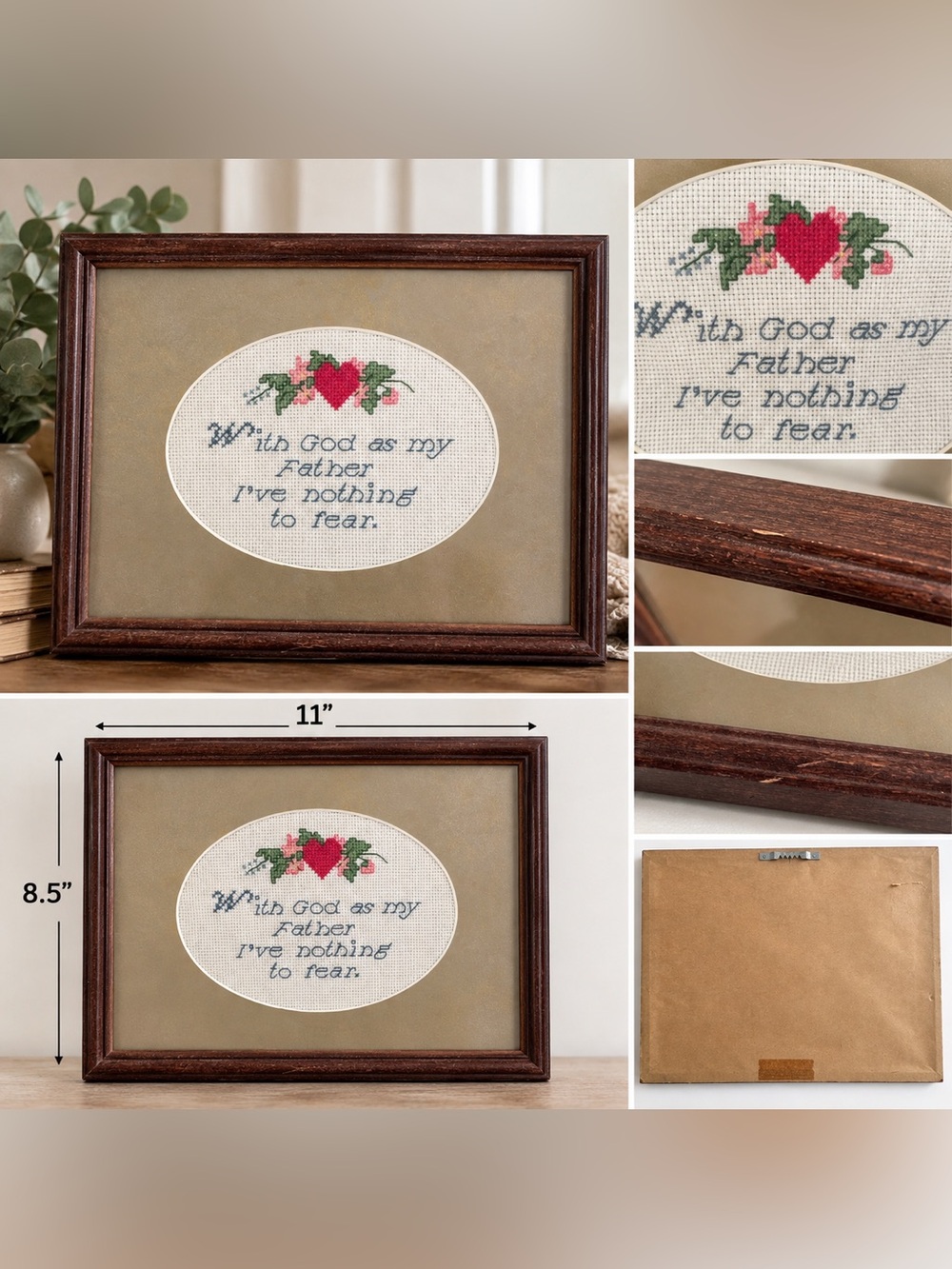 Vtg Framed Cross Stitch Father Quote Heart Floral Handmade Cottagecore 11 x 8.5